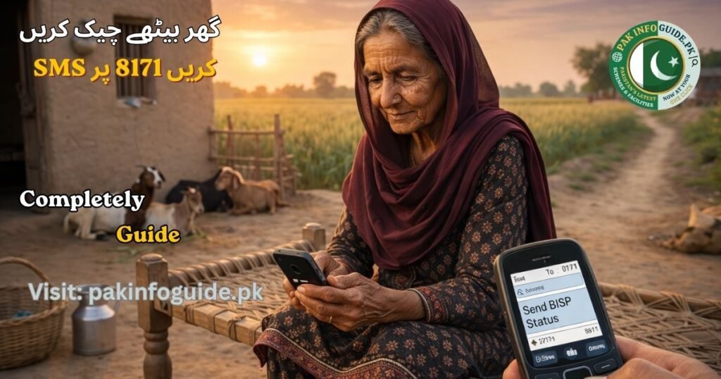 Elderly Pakistani woman checking BISP 8171 payment status via SMS on mobile phone in rural Pakistan 2026