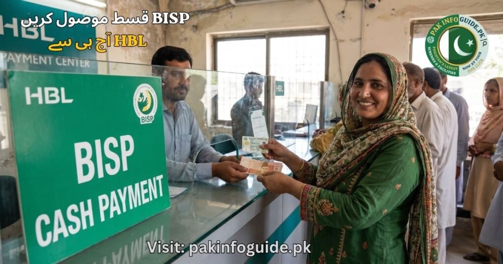 Pakistani woman collecting BISP 8171 quarterly cash payment at HBL bank payment center with CNIC card Pakistan 2026